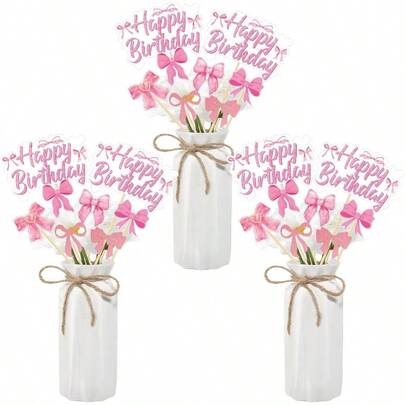 Pink Bow Birthday Decorations - 24PCS Pink Bow Decor Centerpieces Tables Bow Themed Party Decorations Table Centerpieces Sticks Toppers Girls Women Bridal Shower Party Supplies Centerpieces