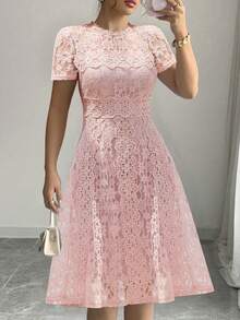 Vestido de novia elegante de cuello redondo, manga corta y falda de encaje para dama de honor, novia, fiesta de compromiso, fiesta de soltera, fiesta de cóctel, fiesta formal, baile de graduación - Rosa vieja - Ver 2