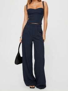 2pcs Set Women Commuting Outfit: Striped Camisole Top + Wide Leg Loose Casual Trousers