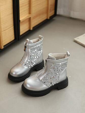 2025年冬 子供用クラシックグリッターガールズパフォーマンスブーツ、厚底ジッパー開閉式ショートブーツ、3-10歳の女の子向け