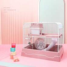 双层便携式仓鼠笼 - 迷你城堡栖息地，带滚轮、水瓶和食盆 - 适用于仓鼠/小鼠的通风旅行笼（蓝色/粉色/灰色）