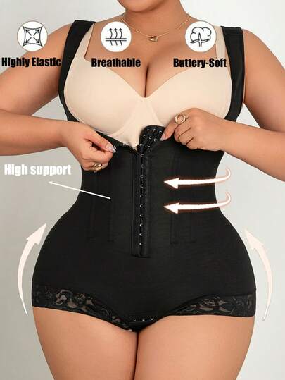 Women's Lace Shapewear Jumpsuit, Adjustable Shoulder Straps, Deep U-Neck, Zipper Crotch Design, Slimming, Tummy Control, High Compression Fabric