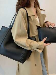 Minimalist Shoulder Tote Bag And Inner Pouch Black Vintage Tote Bag Large Capacity Solid Color Shoulder Bag, Small Bag, Mother And Child Bag, Large Capacity Single Shoulder Tote Bag,School Bag,Large Capacity,Portable,Classic Casual,Business Casual,For Teen Girls Women College Students,White-Collar Workers,Perfect For Work,Back To School,Middle School,High School,College,Vacation, New Fashionable Big Bags For Women