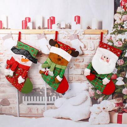 1 Christmas Stocking Santa Deer Snowman Stockings Hanging Stocking Xmas Socks With 3D Plush Character For Christmas Decorations