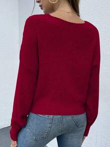 Women's Sexy Sweater V Neck Off Shoulder Long Sleeve Cross Wrapped Front Knit Sweater Fall Autumn Winter Street Party Club Night Out Valentine Top Outfits - 酒紅色 - 查看 2
