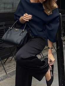 Ladies Solid Cowl Neck Knit Poncho, Fall Winter Versatile Outerwear - Navy Blue - View 4