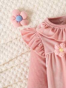 Baby Girls Cute Floral Ruffle Collar Solid Color Long Sleeve Velvet Jumpsuit - Pink - View 7