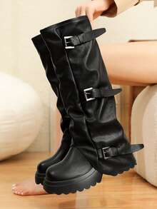 Damen Schwarze Kniehohe Stiefel, Runde Zehenkappe Dicke Sohle Reitstiefel, Modestiefel für Damen, Herbst/Winter