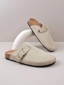 1 Pair Teenage Metal Buckle Decor Faux Suede Material Comfortable Slip-On Round Toe Low Heel Thick Soft Bottom Casual Slide Sandals, Suitable For Daily Wear