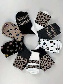 9 Pairs Women Leopard Print & Heart Pattern Mid-Calf Socks, Fashionable Minimalist Unique Retro Street Style Design, Suitable For Casual Outfits - Multicolor - View 3
