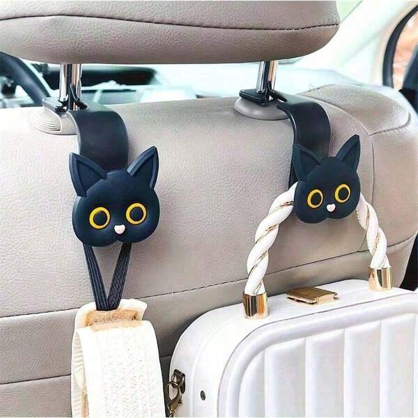 2pcs 3D Cartoon Cat Car Seat Headrest Hooks, Universal Car Storage Bag Suitable For Handbags, Wallets, Jackets, Cute Car Accessories