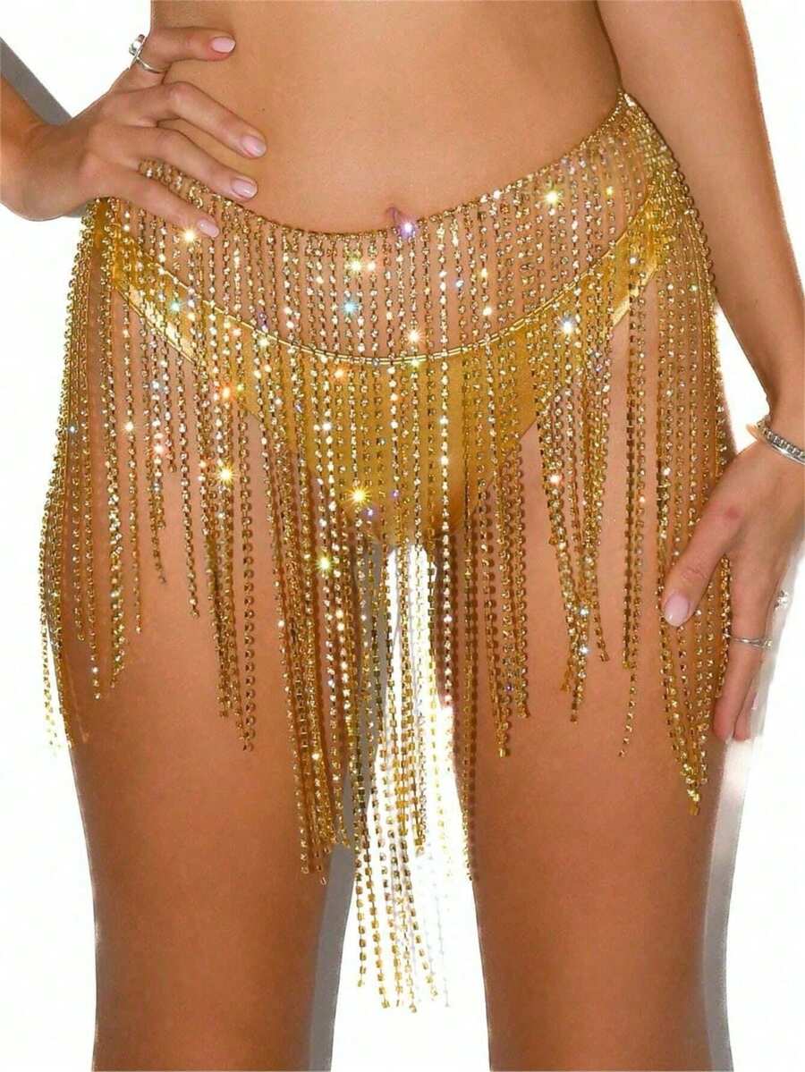 1 pezzo Catena per vita con cristalli e strass, lunga nappa, catena per il corpo