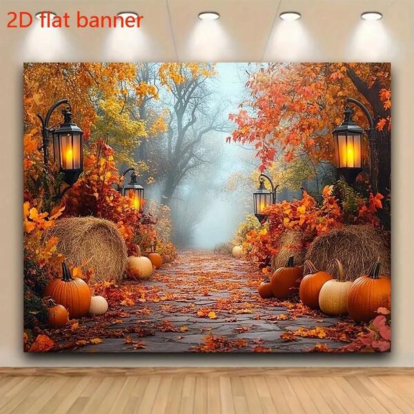 1pc Autumn Harvest Background Banner, Thanksgiving Party Decor With Pumpkins, Fall Leaves, Lanterns, Vibrant Orange, Yellow, Red, Brown, Green Colors
