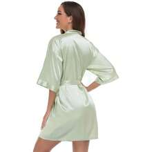 VOGUEMAX Women's Short Kimono Robe Silky Satin Bathrobe Bride Bridesmaids Getting Ready Sleepwear Soft Nightgown - 鼠尾草綠 - 查看 3