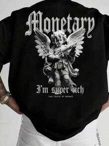 Men's Basic Graphic T-Shirt | Angel & Money Theme Print | 100% Cotton | Soft Comfortable | Best Gift for Men | Daily Wear | Unisex Crew Neck | Domestic Shipping | Factory Direct - Negro - Ver 1