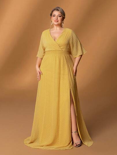 Faeriesty Mosy Plus Chiffon Evening Gown With V-Neckline, Bat-Wing Sleeves & Subtle Polka Dots – High Side Slit & Floor-Length Drapes For Weddings, Proms & Elegant Evening Parties