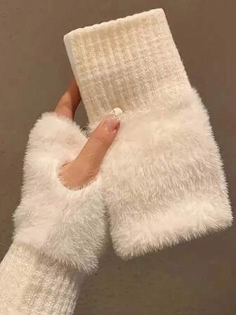 2 Pairs Women's Fingerless Knitted Plush Gloves, Warm Winter Gloves Faux Fur Mittens Versatile Cute Office Cycling Windproof Fingerless Gloves