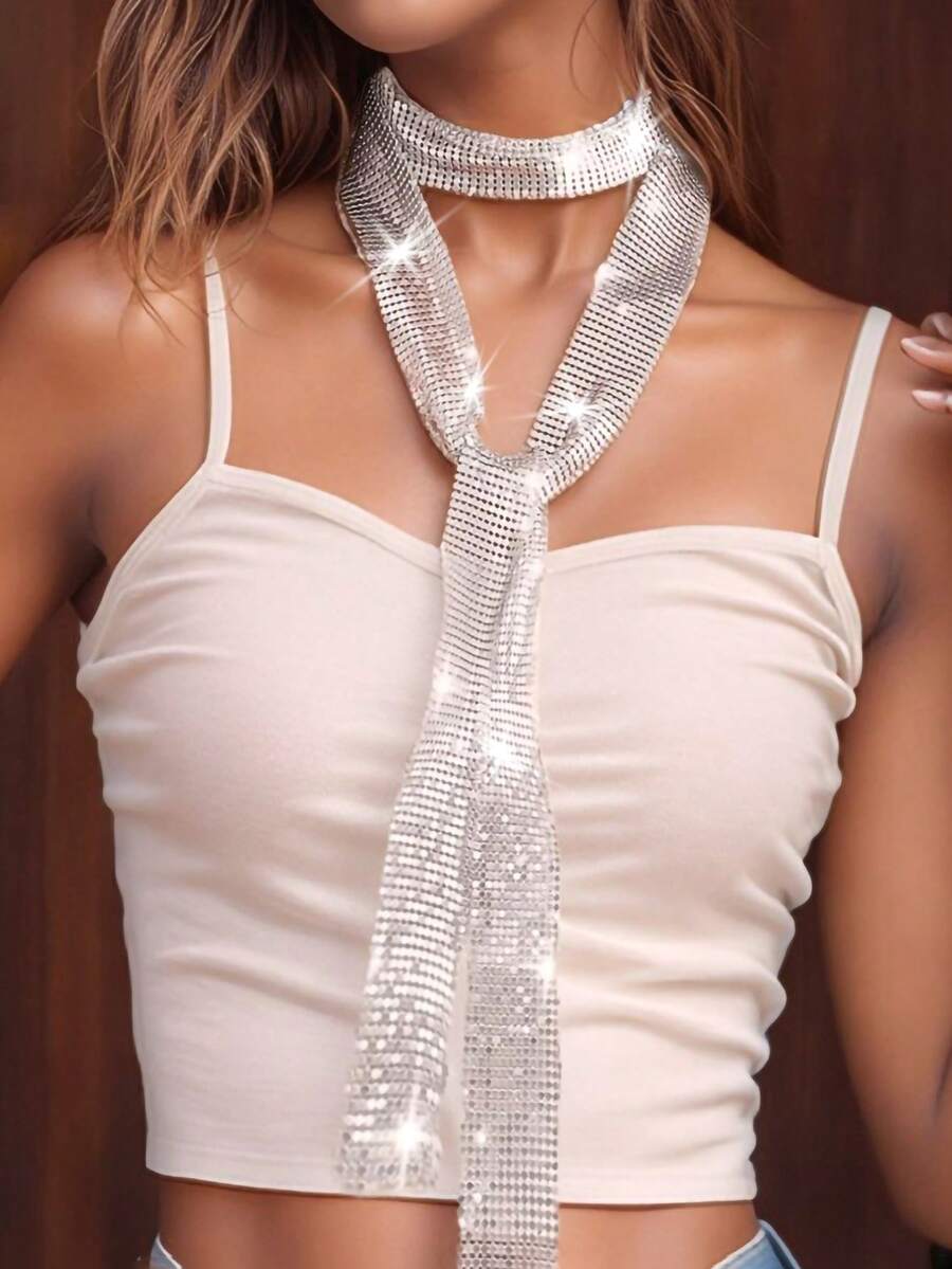 1pc Women Fully Rhinestone Starry Shiny Sexy Aluminum Mesh Sequin Scarf, Silver/Gold Fashion Girl Party, Evening, Dance, Nightclub Necklace Jewelry, Gala Model Halloween Party Costume For Dress - Silver - View 1