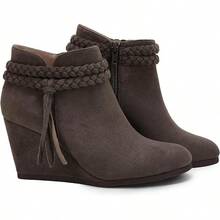 Womens Wedge Ankle Boots Braided Fringe Strap Western Heeled Fall Booties Dress Shoes - 2-Xám đậm (giả da lộn) - Xem 1