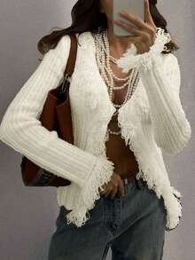 Women's Casual Design Solid Color V-Neck Slim Fit Long Sleeve Pullover Cardigan With Buttons, Tassel Trim, And Ripped Edges Fuzzy Trim Sweater Goth Punk Knit Outerwear, Spring Fall Winter - White - View 5