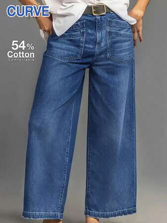 Jeans à jambes larges grande taille - Rayonne extensible, lavage vintage, court, braguette à boutons, jeans de week-end casual pour femmes, jeans de style vintage pour un usage quotidien