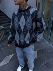 男士美式街头风针织毛衣，休闲宽松提花图案小众设计圆领套头衫，秋冬款 - 藍色 - 查看 2