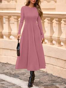Cocktail Dresses For Women  Elegant Classy Fall Long Sleeve Midi Swing A Line Flowy Modest Party Dress - Pink - View 7