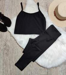 2-Piece Kit With Ribbed Straps And Women's Leggings, Comfort And Quality - Negro - Ver 2