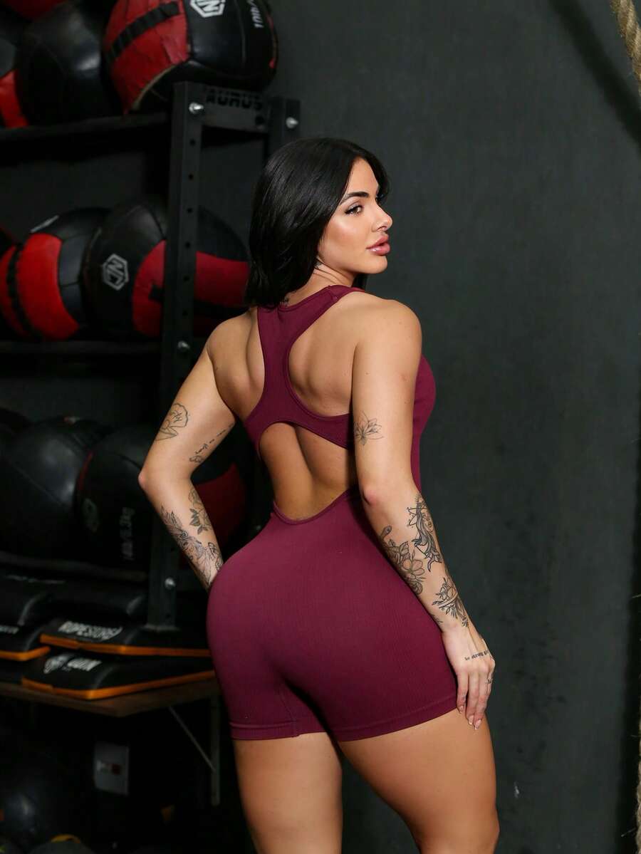 Seamless High Waist Ribbed Sports Gym Yoga Jumpsuit YI-60 - Burgundy - View 1