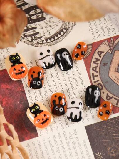 10 Peças Unhas Postiças de Halloween Curtas, Abóbora, Gato Preto, Fantasma, Unhas de Halloween, Uso Diário em Escritório e Indústria Pesada, Kit de Unhas Artificiais, Suprimentos de Unhas, Inclui 1 folha de Adesivos e 1 Lixa de Unha Mini para Arte de Unhas DIY