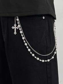 1 件波西米亚多层几何链，人造珍珠串珠十字流苏吊坠身体链，嘻哈时尚，街头风格，休闲，派对，男女通用珠宝腰链礼物 - 褲鏈 - 查看 12