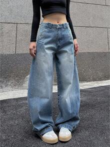 女式宽松阔腿牛仔裤，带口袋，筒形牛仔裤 - 中等水洗藍 - 查看 5