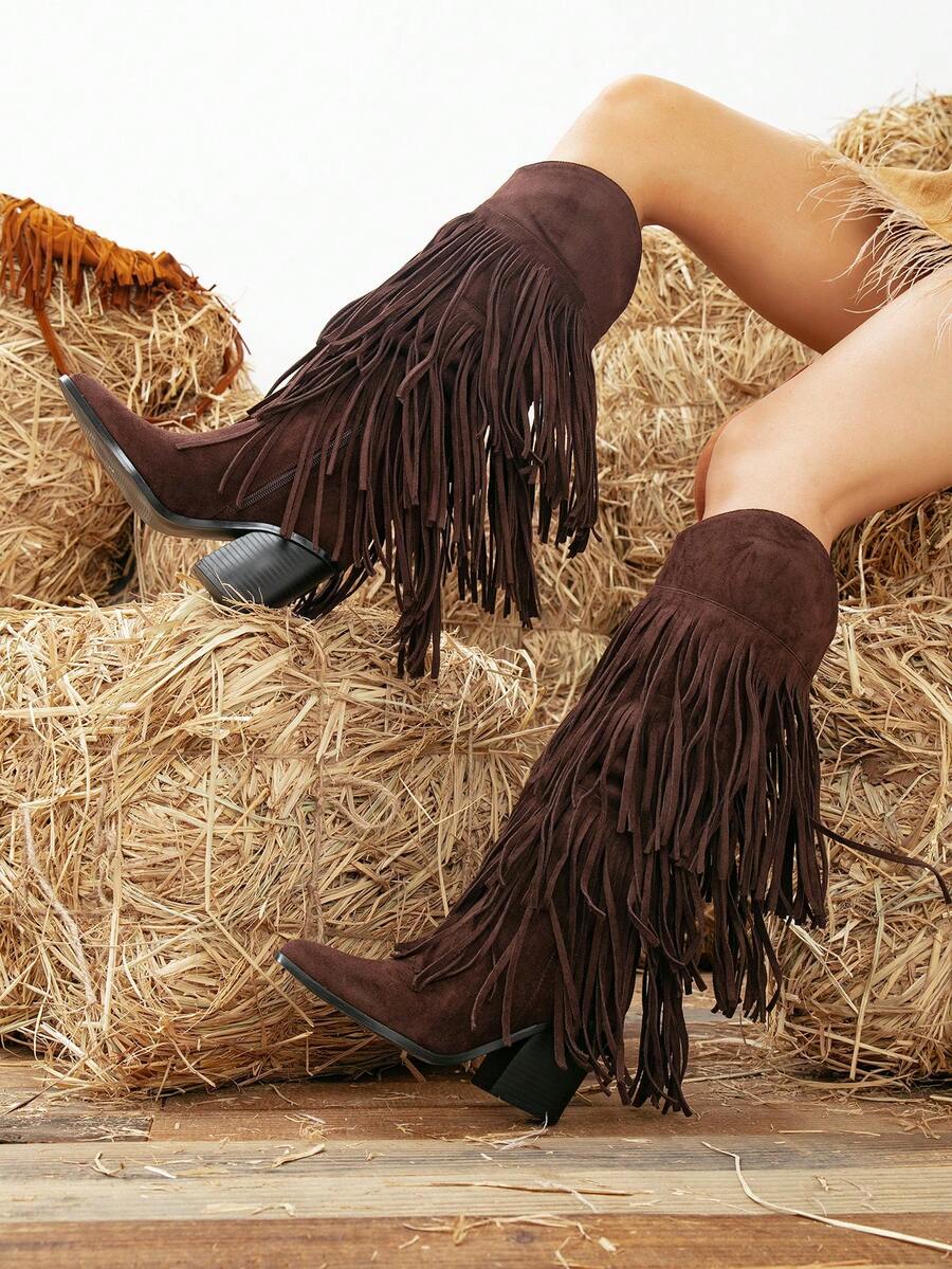 Women's Chunky Heel Round Toe Tassel Decor Casual Over-The-Knee Western Boots - Coffee Brown - View 1