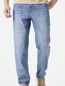 CAMEL CROWN 男士直筒牛仔裤男秋季三防弹力宽松舒适棉质手感 - 中藍 - 查看 1