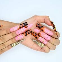 Luxury Handmade Long Stiletto Press On Nails, Pink, Tortoise Shell Base, Gold Accents, Reusable Concert Style Summer Easter - Hồng - Xem 3