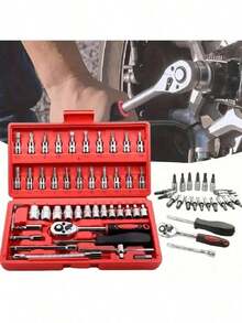 46pcs Multifunctional Car Repair Tool Kit, Ratchet Wrench Set Including Sockets, 1/4" Drive, Chrome Vanadium Steel Extensions, For Automotive Maintenance And Home Use - Chrome Plated Steel Construction