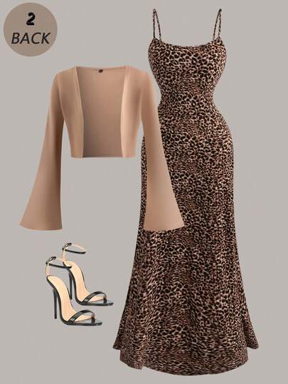 Women's Elegant Solid Color Bell Sleeve Knit Cardigan + Fitted Leopard Print Dress, 2 Pieces Outfit For Valentine's Day, Casual Party