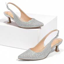 Mysoft Women's Slingback Kitten Heel Pumps 2-Inch Low Heels Closed Toe Party Wedding Dress ShoesChristmas - 銀色 - 查看 7