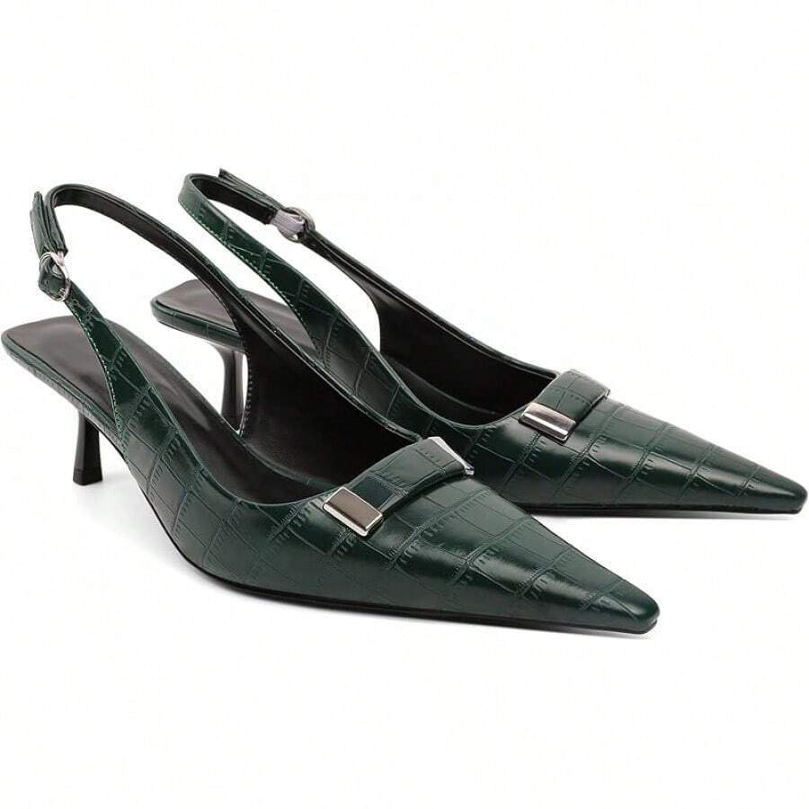 Women's Pointed Toe Slingback Heels Metal Buckle Ankle Strap Kitten Low Heel Pumps 2 Inch Stylish Retro Women Shoes-20256688 - Cá sấu xanh - Xem 1