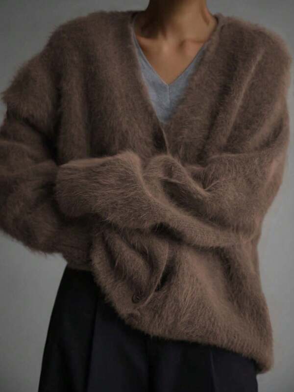 Plus Size Women's Solid Color Drop Shoulder Long Sleeve Single-Breasted Casual Cardigan, Elegant & Graceful Faux Fur Sweater, Coffee Color