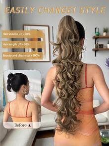 32英寸长波浪卷马尾假发，合成耐热爪式卷曲波浪马尾假发，适合女性，金色带棕色 - 彩色 - 查看 6