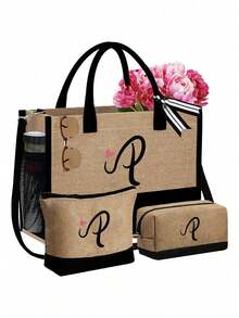 字母帆布手提袋套装，包含化妆包、洗漱包、钱包和个性化礼品袋，时尚休闲单肩包，适合婚礼、生日、海滩、度假、节日、上学等场合，是送给女性、妈妈、老师和朋友的绝佳礼物。 - 彩色 - 查看 36