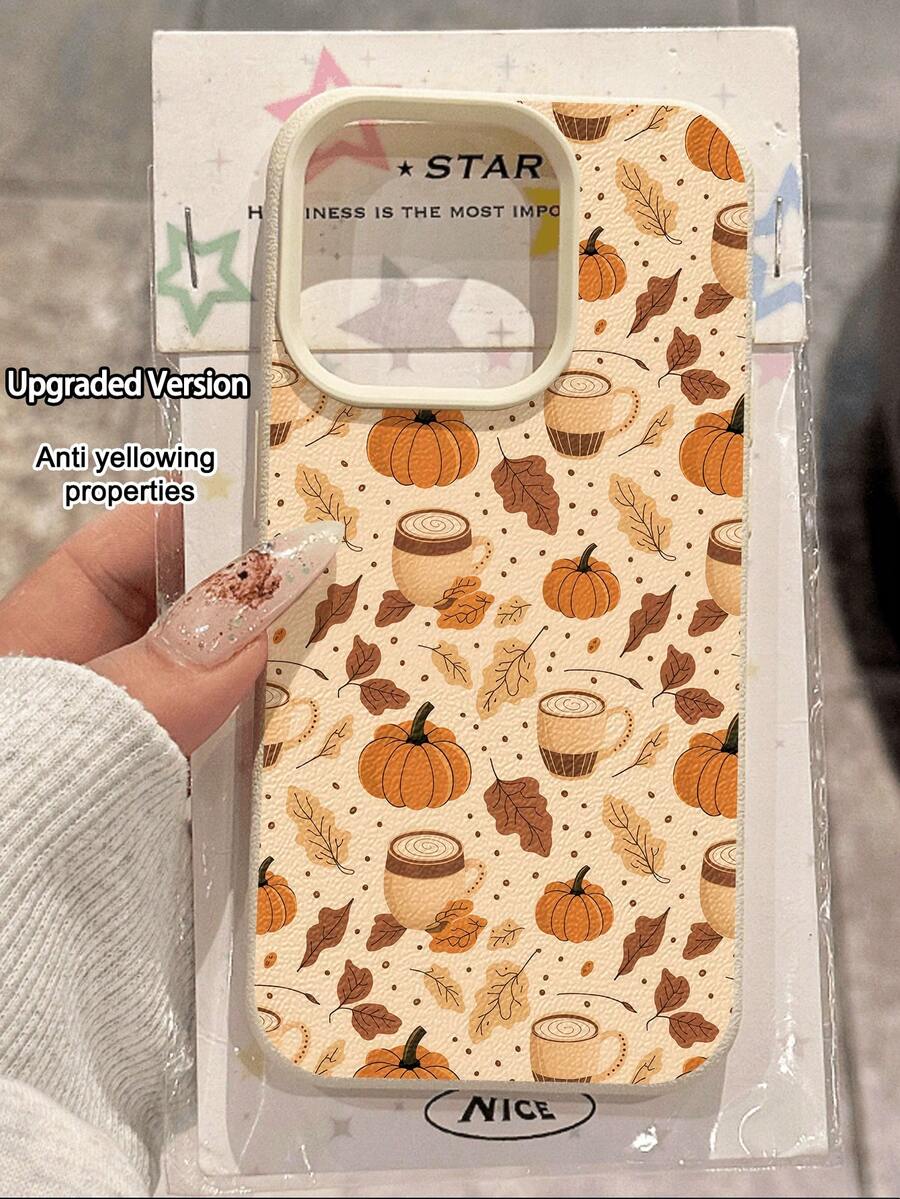1pc New Autumn Brown Maple Leaf, Pumpkin, Coffee Pattern Waterproof Anti-Drop Anti-Slip High-Quality Soft Leather Texture Phone Case Compatible With Apple, Phones,International Version, Not The Domestic Version - Multicolor - View 1