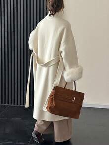 女士经典披肩领系腰长款双面羊毛大衣，秋冬季休闲加长外套 - 米色 - 查看 3