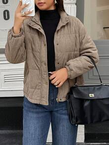 Cappotto Doriss Plus Size casual con cerniera laterale, tasche frontali, collo alto e maniche lunghe, adatto per l'inverno, colore marrone chiaro, stile minimalista, stile da corte, San Valentino, stagione dei matrimoni, Capodanno, stile bohémien, autunno e inverno - Castano - Visualizzare 4