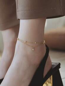 1入不銹鋼18K金雙層立體立方氧化鋯吊墜腳鏈，精美時尚，適合日常穿著、沙灘和度假配戴的珠寶 - 金色 - 查看 4