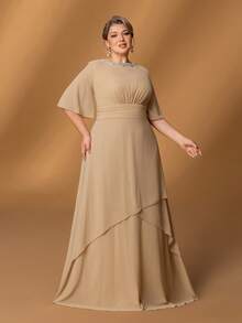 Faeriesty Mosy Plus Mother Of The Bride Dress Featuring Round Neck With Rhinestone Details, Flattering Ruffled Half Sleeves And Gorgeous A-Line Skirt – Perfect For Upscale Evening Galas, Luxurious Family Reunions, Sacred Church Ceremonies, Prestigious Social Events