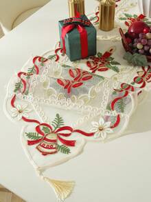 1pc Christmas Mesh Fabric Chain Embroidered Table Runner, Candle Decor For Kitchen, Dining Table, Desk, Coffee Table, Vanity, Home Decor, Christmas Atmosphere For Living Room, Bedroom, Yard, Indoor Outdoor, Outdoor Furniture, Camping, Villa, Merry Christmas, Holiday, Party, Cabinet, Family Gathering, Holiday Decorations, Party & Wedding Decorations Series
