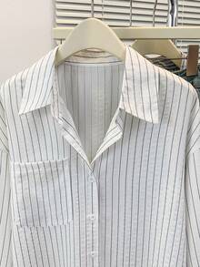 Women's Casual Striped Front Button Pocket Lapel Long Sleeve Stylish Striped Shirt Top Suitable For Autumn Winter Spring - White - View 6