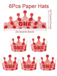 6 件草莓风格单一图案派对帽，纸质皇冠形派对帽，草莓主题 1 岁生日婴儿洗礼家庭节日派对装饰用品，生日快乐派对礼物